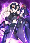  1girl absurdres arm_guards armor armored_dress bangs bare_shoulders black_gloves boots breasts capelet chains cowboy_shot elbow_gloves eyebrows_visible_through_hair fate/grand_order fate_(series) fur_trim gauntlets gloves greaves headpiece highres jeanne_alter knee_boots knee_pads light_brown_hair long_hair looking_at_viewer looking_down medium_breasts midriff navel_cutout nebu_soku open_mouth ruler_(fate/apocrypha) shorts sleeveless solo teeth tsurime very_long_hair yellow_eyes 