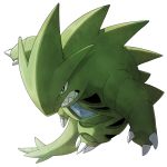  angry black_eyes bright_pupils claws clenched_teeth from_above full_body highres looking_afar no_humans pokemon pokemon_(creature) pokemon_(game) pokemon_gsc ryanpei sharp_teeth simple_background solo spikes tail teeth tyranitar white_background 