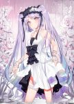  1girl bare_shoulders bow breasts choker dress fate/grand_order fate_(series) flower hairband headdress highres lolita_hairband long_hair looking_at_viewer purple_hair ronopu solo stheno thigh_strap twintails violet_eyes white_dress 