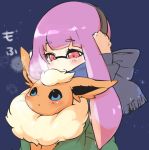  1girl bangs blue_scarf blunt_bangs breath conomi-c5 domino_mask earmuffs fangs flareon green_coat holding inkling long_hair long_sleeves looking_at_another mask night night_sky parted_lips pointy_ears pokemon pokemon_(creature) purple_hair scarf sky splatoon standing tentacle_hair upper_body violet_eyes 