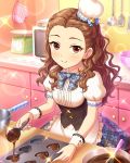  1girl apron artist_request baking blush bow brown_hair checkered chocolate curly_hair dress hat heart idolmaster idolmaster_cinderella_girls long_hair looking_at_viewer microwave mini_hat official_art patissier red_eyes seki_hiromi smile solo valentine 