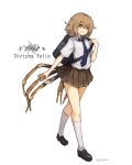  1girl :3 artist_name bag bangs brown_eyes brown_hair holding_strap insect_girl lansane looking_at_viewer monster_girl necktie original personification pleated_skirt school_bag school_uniform serafuku shirt shoes short_hair short_sleeves skirt smile socks solo spider spider_girl spider_legs translation_request uniform white_background white_shirt 