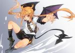  1girl bag bangs belt black_shorts blonde_hair blush boots clenched_teeth demon_girl demon_tail demon_wings floating_hair fu-ta full_body grin highres kneehighs long_hair looking_at_viewer original outstretched_arm pointy_ears red_eyes shirt shorts shoulder_bag sleeves_rolled_up smile solo tail teeth thighs twintails white_legwear white_shirt wings 