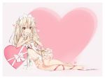 1girl 2017 :d artist_name bangs bare_arms barefoot blonde_hair bow box breasts cleavage cosplay dated fate/grand_order fate/kaleid_liner_prisma_illya fate_(series) flower gift gift_box hair_flower hair_ornament headdress heart heart-shaped_box heart-shaped_pupils heart_hands highres illyasviel_von_einzbern long_hair looking_at_viewer medb_(fate/grand_order) medb_(fate/grand_order)_(cosplay) navel open_mouth pink_ribbon red_eyes ribbon round_teeth silver_(chenwen) smile solo symbol-shaped_pupils teeth valentine 