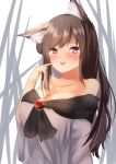  1girl animal_ears bangs bare_shoulders blush breasts brooch brown_hair cleavage dress highres imaizumi_kagerou jewelry large_breasts long_hair long_sleeves looking_at_viewer red_eyes smile solo tongue tongue_out touhou upper_body wolf_ears yusake_san 