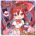  1girl :d bare_shoulders blush bow breasts character_name chibi choker cleavage company_name dress elbow_gloves gem gloves hair_bow hairband happy happy_birthday heart highres lapis_(phantom_of_the_kill) long_hair long_ponytail official_art open_mouth phantom_of_the_kill pink_dress red_eyes redhead shekinah_(phantom_of_the_kill) smile solo speech_bubble tiara very_long_hair 