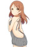  1girl ass backless_outfit bare_back bare_shoulders blush breasts brown_hair butt_crack closed_mouth cowboy_shot dress eyebrows_visible_through_hair from_behind grey_sweater halterneck hand_on_own_chest hand_up highres houjou_karen idolmaster idolmaster_cinderella_girls kochiya_hizuki long_hair looking_at_viewer looking_back medium_breasts naked_sweater open-back_dress ribbed_sweater simple_background smile solo sweater sweater_dress turtleneck turtleneck_sweater virgin_killer_sweater white_background yellow_eyes 