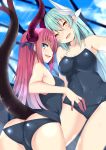 2017 2girls :d aqua_hair artist_name ass bangs bare_shoulders bikini black_bikini blue_eyes blue_sky blue_swimsuit blush breasts clouds cloudy_sky collarbone competition_school_swimsuit competition_swimsuit covered_navel cowboy_shot dated day dragon_tail eyebrows_visible_through_hair fate/extra fate/extra_ccc fate/grand_order fate_(series) from_behind hair_ribbon half-closed_eyes hand_up highres horns kiyohime_(fate/grand_order) lancer_(fate/extra_ccc) lens_flare light_rays long_hair looking_at_viewer looking_back lowleg lowleg_bikini medium_breasts multiple_girls nebu_soku old_school_swimsuit one-piece_swimsuit open_mouth outdoors pink_hair purple_ribbon ribbon school_swimsuit sideways_mouth signature skin_tight sky sleeveless small_breasts smile sunbeam sunlight sweat swimsuit tail tail_raised tank_top twitter_username yellow_eyes