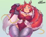  1girl 2017 antlers arm_guards arm_up armor artist_name blue_eyes breasts cleavage commentary covered_navel curvy dragon_girl dragon_tail fur gauntlets green_background grey_legwear highres jun_(lunar_regalia) large_breasts lips looking_at_viewer lunar_regalia making_of norasuko parted_lips pelvic_curtain redhead ribbon rope short_hair signature solo tail tail_hug thick_eyebrows thick_thighs thighs underbust vambraces wide_hips yellow_ribbon 