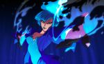  1girl angry artist_name blue_background blue_eyes blue_hair blue_lipstick breasts cleavage disney disneyland fire gradient gradient_background lipstick makeup ms._hades outstretched_arms recruiters_(disney) solo tbhoudai upper_body 