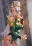  1girl breasts cleavage detached_sleeves dutch_angle elf eva_solo finger_to_cheek green_clothes highres long_hair looking_at_viewer parted_lips pointy_ears princess solo standing updo violet_eyes warcraft white_hair world_of_warcraft yuuleth_lightglade 