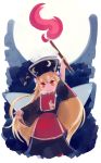  1girl blonde_hair chinese_clothes clownpiece cosplay cowboy_shot full_moon hat highres jester_cap junko_(touhou) junko_(touhou)_(cosplay) long_hair looking_at_viewer moon neck_ruff red_eyes sakana_(packetsjp) smile torch touhou very_long_hair 