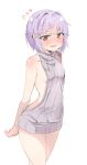  1girl aran_sweater backless_outfit bare_arms bare_back blush breasts brown_eyes chocho_(homelessfox) dress grey_sweater hair_ornament hairclip idolmaster idolmaster_cinderella_girls koshimizu_sachiko looking_at_viewer naked_sweater open-back_dress open_mouth purple_hair short_hair sideboob simple_background small_breasts smile solo sweater sweater_dress turtleneck turtleneck_sweater virgin_killer_sweater white_background 