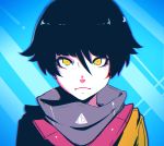  1girl absurdres black_hair blue_background faiz_azhar highres ilya_kuvshinov_(style) looking_at_viewer original scarf short_hair striped striped_background yellow_eyes 