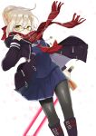 1girl ahoge black_legwear blonde_hair blue_skirt braid commentary_request fate/grand_order fate_(series) french_braid glasses heroine_x heroine_x_(alter) highres holding holding_sword holding_weapon jacket open_mouth pantyhose plaid plaid_scarf red_scarf saber scarf school_uniform semi-rimless_glasses short_hair skirt solo sword under-rim_glasses weapon yellow_eyes 