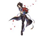  1boy black_hair blue_eyes bouquet flower full_body granblue_fantasy holding holding_bouquet lancelot_(granblue_fantasy) long_hair male_focus minaba_hideo official_art parted_lips petals rose rose_petals smile solo the_dragon_knights 