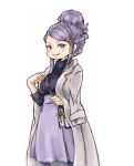  1girl earrings fire_emblem fire_emblem_if hair_bun hair_ornament hairclip hotate_rayan jacket_on_shoulders jewelry orochi_(fire_emblem_if) purple_hair simple_background solo violet_eyes white_background 