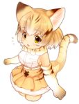  /\/\/\ 1girl :d animal_ears arms_at_sides bangs blonde_hair blush breasts brown_hair cat_ears cat_girl cat_tail cropped_legs elbow_gloves eyebrows_visible_through_hair fang from_side gloves high-waist_skirt highres kemono_friends looking_at_viewer medium_breasts miniskirt mofuaki multicolored_hair open_mouth ribbon_trim sand_cat_(kemono_friends) scarf serval shiny shiny_hair sideboob simple_background skirt sleeveless smile solo streaked_hair sunaneko tail white_background yellow_eyes yellow_skirt 