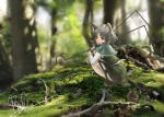  1girl animal animal_ears basket blurry capelet carrying_over_shoulder depth_of_field dowsing_rod forest from_side green_skirt green_vest grey_hair highres holding long_sleeves moss mouse mouse_ears mouse_tail nature nazrin nazrin_(touhou) outdoors photo_background red_eyes shiguro shirt short_hair signature skirt skirt_set tail touhou tree vest white_shirt 