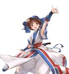  1girl ainu_clothes alpha_transparency arm_up bow brown_eyes brown_hair granblue_fantasy minaba_hideo official_art rimururu samurai_spirits short_hair short_sleeves smile solo standing standing_on_one_leg transparent_background 