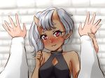  1girl against_wall bare_shoulders brick_wall cleavage_cutout halterneck horns okamaka oni open_mouth original pointy_ears pov pov_hands red_eyes silver_hair smile solo_focus sweatdrop upper_body wall_slam 