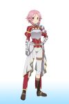  1girl breastplate full_body gauntlets hair_ornament hairclip hand_on_hip highres lisbeth lisbeth_(sao-alo) looking_at_viewer official_art pink_hair pointy_ears red_eyes short_hair smile solo spaulders sword_art_online 