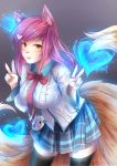  1girl academy_ahri ahri animal_ears black_legwear breasts double_v fox_ears fox_tail hair_ornament hairclip heart_hair_ornament large_breasts league_of_legends lips long_hair looking_at_viewer multiple_tails redhead school_uniform skirt solo tail thigh-highs v whisker_markings yellow_eyes 