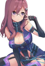  1girl adjusting_glasses bangs black_legwear breasts brown_hair cleavage closed_mouth elbow_gloves fingerless_gloves garter_straps glasses gloves hair_between_eyes hair_ornament hand_up highres idolmaster idolmaster_cinderella_girls large_breasts long_hair looking_to_the_side science_fiction semi-rimless_glasses simple_background sitting solo tetsujin_momoko thigh-highs violet_eyes white_background yagami_makino 