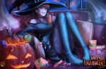  1girl absurdres bag black_dress boots brown_eyes brown_hair candy cat choker cup curtains dress food food_in_mouth happy_halloween hat heart highres jack-o&#039;-lantern jenny_mun knee_boots lips lollipop mug night original pantyhose pillow signature sitting solo window witch_hat zzz 