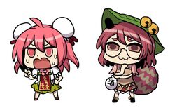  2girls :3 abe_ranzu animal_ears bottle brown_eyes brown_hair bun_cover chinese_clothes double_bun flower futatsuiwa_mamizou glasses hair_bun ibaraki_kasen leaf leaf_on_head multiple_girls pink_eyes pink_hair pink_rose puffy_sleeves raccoon_ears raccoon_tail riyo_(lyomsnpmp)_(style) rose short_hair short_sleeves tabard tail tanuki touhou 