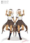  2girls artist_name blonde_hair bow breasts dark_skin hairband hand_holding highres insect_girl lansane looking_at_viewer multiple_girls original personification pleated_skirt school_uniform serafuku shadow shirt shoes short_hair short_sleeves siblings skirt small_breasts smile socks spider spider_girl spider_legs translation_request twins uniform v white_background white_shirt 