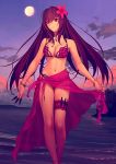  1girl beach bikini bikini_skirt bracelet breasts cleavage dagger fate/grand_order fate_(series) flower hair_flower hair_ornament highres jewelry long_hair looking_at_viewer medium_breasts navel outdoors purple_hair red_eyes red_flower sarong scathach_(fate/grand_order) scathach_(swimsuit_assassin)_(fate) see-through skirt_hold solo swimsuit weapon 