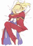  1girl bed blush closed_eyes dakimakura_(object) fate/apocrypha fate/grand_order fate/stay_night fate_(series) hug long_hair navel pajamas pillow pillow_hug ponytail saber saber_of_red smile solo yuri 