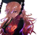  1girl asuzemu bangs black_dress breasts chinese_clothes dress hand_on_own_cheek hat junko_(touhou) large_breasts long_hair long_sleeves orange_hair parted_lips red_eyes smile solo tabard touhou upper_body wide_sleeves 