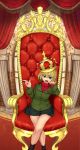  1girl black_skirt blonde_hair blue_eyes crown fang girls_und_panzer green_jacket highres jacket katyusha nanao_(aoyamahikari) pravda_(emblem) red_shirt school_uniform shirt skirt solo throne throne_room 