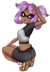  1girl ass bike_shorts crop_top dark_skin domino_mask fangs full_body highres inkling looking_at_viewer mask okamaka open_mouth original pointy_ears purple_hair shiny shoes smile sneakers solo splatoon squatting tentacle_hair violet_eyes 