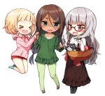  &gt;:d &gt;_&lt; 3girls :d ahagon_umiko anger_vein bag black_legwear blonde_hair blush brown_eyes brown_skirt cat cellphone chibi clenched_hands closed_eyes dark_skin eyebrows_visible_through_hair full_body girl_sandwich glasses green_pants green_shirt grey_hair hair_between_eyes hair_bobbles hair_ornament hazuki_shizuku holding holding_phone hood hoodie jumping long_hair long_sleeves looking_at_another low_twintails multiple_girls new_game! open_mouth pants pantyhose parted_lips phone red-framed_eyewear red_shorts sakura_nene sandals sandwiched semi-rimless_glasses shinoba shirt shorts simple_background skirt smartphone smile sweatdrop thick_eyebrows twintails under-rim_glasses very_long_hair white_background white_shirt x_hair_ornament 
