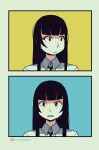  1girl 2koma black_hair blush comic eric_muentes long_hair looking_to_the_side madeline_(eric_muentes) mole mole_under_eye original red_eyes sidelocks simple_background solo sweatdrop 