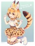  1girl :d animal_ears animal_print ankle_boots aqua_background artist_name bare_shoulders belt blonde_hair blush boots bow bowtie breasts cat_ears cat_tail copyright_name cross-laced_clothes elbow_gloves eyebrows_visible_through_hair fang full_body gloves gradient gradient_background hair_between_eyes high-waist_skirt kemono_friends kneeling kona_(canaria) light_particles looking_at_viewer medium_breasts miniskirt open_mouth paw_print print_bow print_gloves print_legwear print_skirt serval_(kemono_friends) shiny shiny_hair short_hair sideboob simple_background skirt sleeveless smile solo tail thigh-highs white_background white_boots white_gloves yellow_bow yellow_bowtie yellow_eyes yellow_skirt 