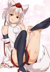  1boy :q animal_ears arm_support ass bare_shoulders detached_sleeves genderswap genderswap_(ftm) hat inubashiri_momiji knee_up licking_lips naughty_face one_leg_raised red_eyes ruri_tsubame shorts silver_hair sitting smile solo tail thigh-highs thighs tokin_hat tongue tongue_out touhou upshorts white_hair wolf_ears wolf_tail 