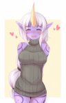  1girl :o aran_sweater arms_behind_back ayatori_(aytr) blush breasts closed_eyes heart highres horn large_breasts league_of_legends long_hair looking_at_viewer multi-tied_hair pointy_ears ponytail purple_skin ribbed_sweater solo soraka sweatdrop sweater tattoo very_long_hair white_hair 