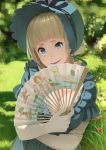 1girl blonde_hair blue_eyes bonnet breasts cleavage elbow_gloves fan gloves go_robots looking_at_viewer medium_breasts short_hair smile solo teeth 