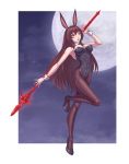  1girl absurdres animal_ears black_legwear breasts brown_hair bunnysuit cleavage detached_collar fate/grand_order fate_(series) full_body full_moon gae_bolg highres lance large_breasts leebigtree long_hair looking_at_viewer moon pantyhose polearm rabbit_ears red_eyes scathach_(fate/grand_order) solo spear standing standing_on_one_leg weapon wrist_cuffs 