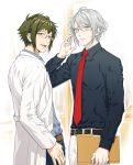  2boys adjusting_glasses belt bespectacled closed_mouth dress_shirt glasses green_eyes green_hair grey_eyes idolish_7 labcoat looking_at_viewer looking_back male_focus multiple_boys necktie nikaido_yamato palru_s2 red_necktie shirt silver_hair smile sweatdrop teacher yaotome_gaku 