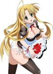  1girl ahoge asia_argento ass black_legwear blonde_hair breasts cherry cleavage food fruit green_eyes high_school_dxd long_hair looking_at_viewer open_mouth panties red_ribbon ribbon side-tie_panties solo thigh-highs transparent_background underwear white_panties 