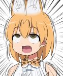  1girl ahegao animal_ears bow bowtie cat_ears commentary_request eyebrows_visible_through_hair kemono_friends masara open_mouth orange_hair rolling_eyes serval_(kemono_friends) short_hair solo solo_focus yellow_eyes 