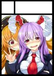  2girls animal_ears bangs black_border black_jacket blonde_hair blush border breast_grab breasts circle_cut collared_shirt commentary_request eyebrows_visible_through_hair female_pervert grabbing grabbing_from_behind hair_between_eyes hand_up hat impossible_clothes impossible_shirt jacket junko_(touhou) large_breasts long_hair long_sleeves looking_at_viewer multiple_girls necktie nose_blush open_mouth pervert purple_hair rabbit_ears red_eyes red_necktie reisen_udongein_inaba shirt sidelocks smile tirotata touhou upper_body v white_shirt yuri 