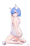  1girl amejaga animal_ears blue_eyes blue_hair blush breasts cat_ears cat_tail feet halterneck highres looking_at_viewer re:zero_kara_hajimeru_isekai_seikatsu rem_(re:zero) short_hair solo tail virgin_killer_sweater yarn_ball 