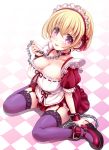  1girl ankle_cuffs bdsm blonde_hair blush bondage bound breasts chains checkered checkered_floor cleavage collar collarbone cuffs garter_straps highres lace lace-trimmed_thighhighs large_breasts maid maid_headdress mary_janes pink_eyes purple_legwear shoes short_hair sitting solo thigh-highs v-mag wariza wrist_cuffs 