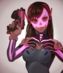  1girl animal_print bangs blue_bodysuit bodysuit bracer breasts brown_eyes brown_hair bunny_print character_name charm_(object) d.va_(overwatch) female finger_on_trigger gloves gun hand_on_hip hand_up headphones highres holding holding_gun holding_weapon long_hair looking_at_viewer medium_breasts overwatch pauldrons pilot_suit ribbed_bodysuit shoulder_pads skin_tight skull solo turtleneck upper_body weapon white_gloves 